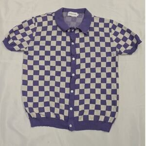 OXKNITSTORE Mens M Button Up Short Sleeve Retro Sweater Purple & White Checkered
